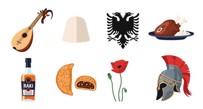Albanian cultural symbols including raki, food, music, and national emblems