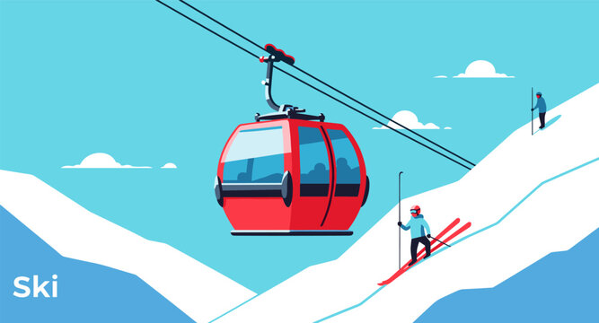 Red ski lift gondola transports skiers up a snowy mountain slope under a clear blue sky