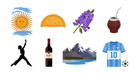 Symbols of Argentina: Sun, Empanada, Jacaranda, Mate, Tango, Malbec, Andes, Soccer
