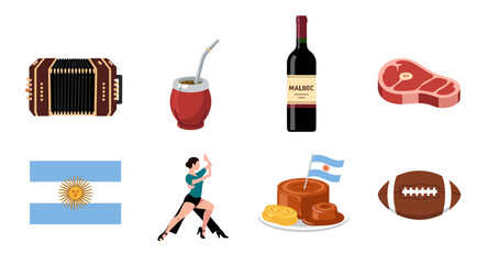 Iconic symbols of Argentina: tango, mate, wine, steak, and flag