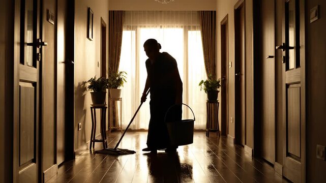 Woman mopping hallway floor