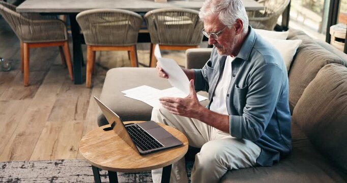 Documents, laptop and fail with old man on sofa for mortgage debt, retirement funds and planning. Online banking, digital invoice and foreclosure notice with senior person in home for pension account