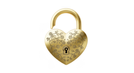Ornate golden heart shaped padlock with floral engraving and open shackle isolated on a transparent background