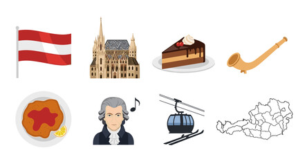 Iconic Austrian symbols including flag, architecture, food, music, and landscape