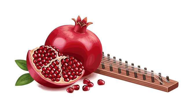 A whole and a halved pomegranate with seeds and a santur on a white background