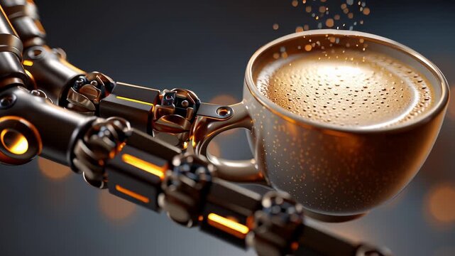 Futuristic robotic hand adding espresso drop to coffee cup on smoky background