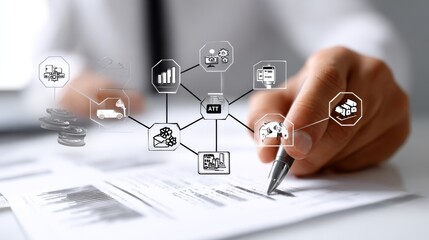 Businessman analyzing data with digital icons.