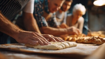 Focused hands scoring dough before oven baking in a home kitchen environment with the warm softfocused participants observing the technique.