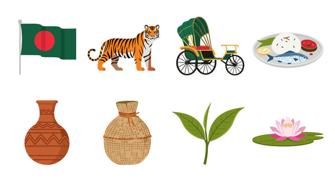 Collection of Bangladesh cultural symbols and national icons in a flat design style