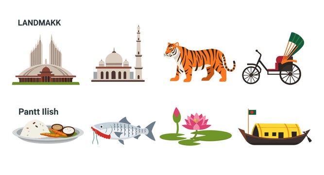 Collection of Bangladeshi cultural symbols and landmarks in a flat design style