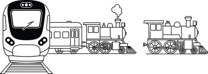 Modern train illustration, steam locomotive vector art, railway evolution design, transportation history graphic, vintage engine drawing, futuristic rail travel concept, retro train artwork © Adure