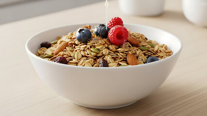 Granola Bowl with Berries on White Dish