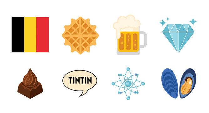 Belgian icons representing national symbols and famous products, a visual collection