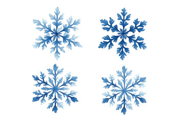 Fototapeta premium Four digitally created snowflakes with intricate patterns and blue watercolor style