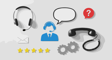 Customer service icons representing communication, support, and feedback with a question mark