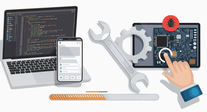 Digital technology repair and development concept with tools and bug icon
