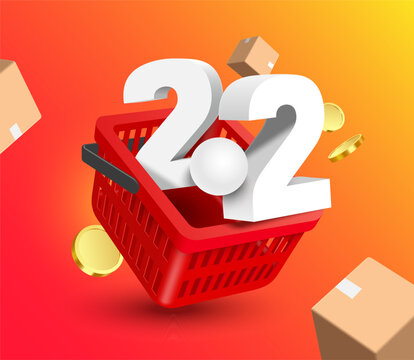 white 3D number 2.2 is place in red shopping basket, with gold coins, packages, or cardboard boxes flying around ,vector 3d for Mega slae second day of the second month promotion, vector for banner
