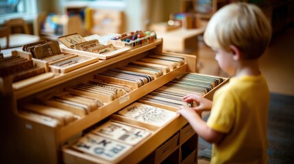Focused view of a reading nooks low shelf filled with educational flashcards while a child selects a card with surrounding space softly out of focus.