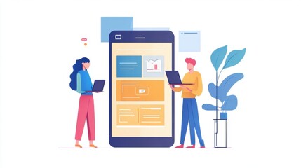 Mobile app developers collaborating on digital interface innovation concept