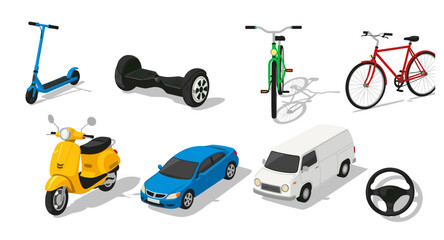 Collection of diverse vehicles and transportation modes on a white background