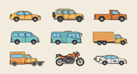 Collection of diverse cartoon vehicles including cars, trucks, bus, and motorcycle