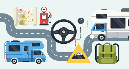 RV road trip planning with map, gas station, steering wheel, and backpack icons