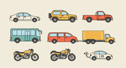 Collection of diverse vehicles including cars, trucks, buses, and motorcycles in a flat design style