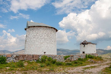 Aegean style old windmills in Bodrum Town of Turkey