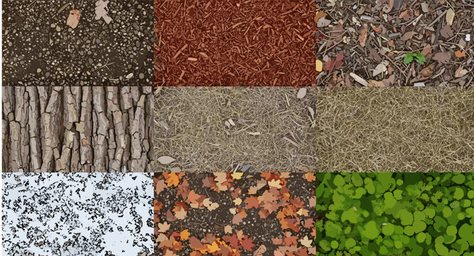 Collage of natural textures including bark, soil, mulch, grass, leaves, and snow