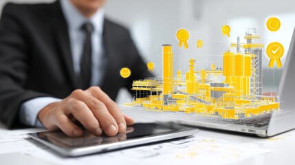 Businessman analyzing financial data digitally.