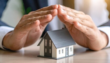 Hands protecting miniature house model, symbolizing home insurance, property investment, and real estate security.