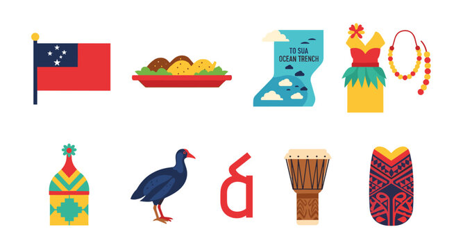Samoa cultural icons and symbols collection, flat design