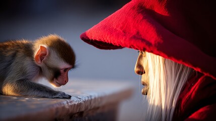 A touching moment of connection between a young monkey and a person in a red cloak in soft light