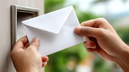 Hands inserting a white envelope into a mail slot outdoors with a blurred green background