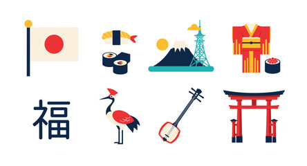 Collection of Japanese cultural icons and symbols in a flat design style
