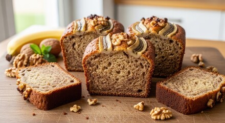 Fototapeta premium Delicious banana bread with walnuts on wooden cutting board