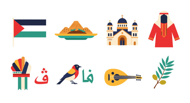 Palestine cultural symbols and landmarks collection, flat design icons