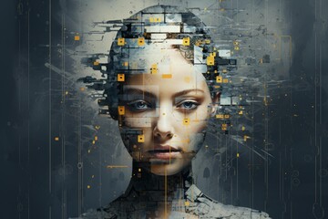 Cybernetic woman's portrait showing data flowing and fracturing, symbolizing artificial intelligence or virtual reality