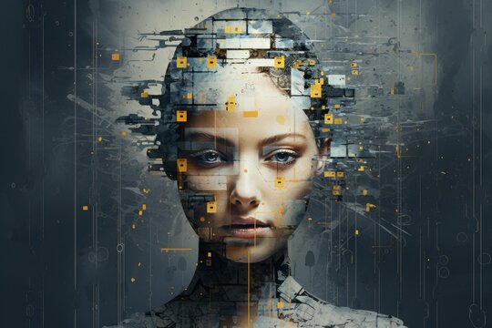 Cybernetic woman's portrait showing data flowing and fracturing, symbolizing artificial intelligence or virtual reality - Powered by Adobe