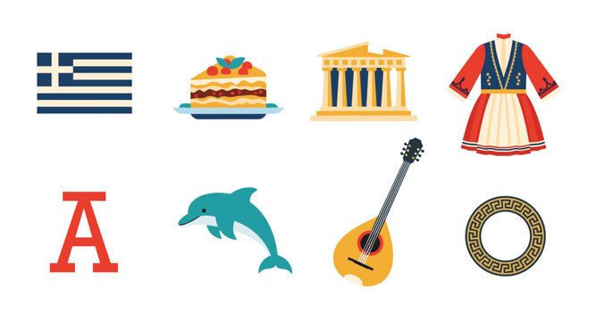 Collection of Greek cultural symbols and landmarks in a flat design style