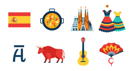 Collection of Spanish cultural symbols and landmarks in a flat design style