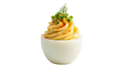 Deviled egg with garnish of herbs, isolated on transparent background