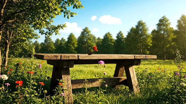 Rustic wooden picnic table in a sunlit meadow with wildflowers and trees.