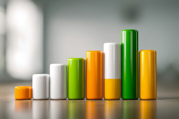 Colorful 3d bar chart with glossy rounded columns in varying heights represents data comparison and analysis on reflective surface with blurred background