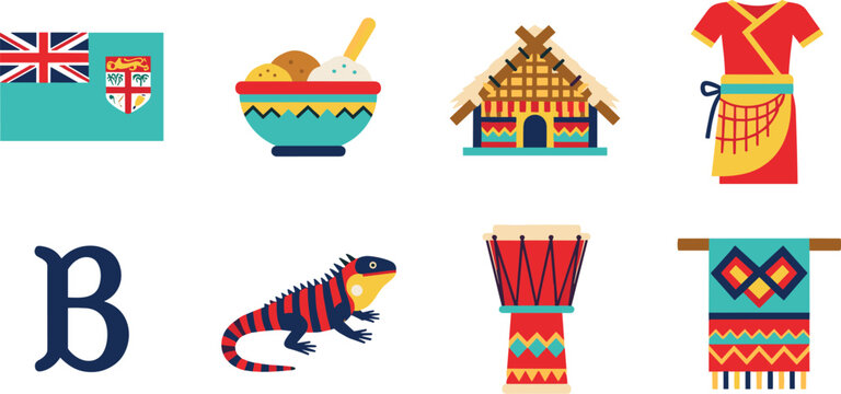 Fiji cultural icons: flag, food, house, clothing, reptile, drum, and textile