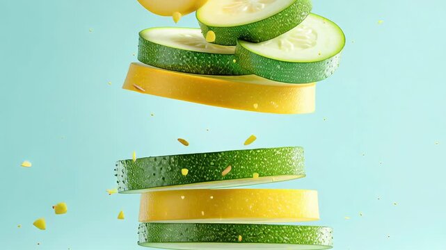Fresh sliced zucchini and yellow squash floating in blue background