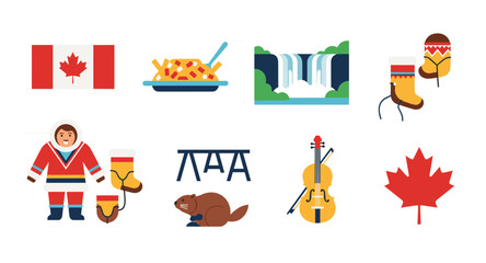 Fototapeta premium Collection of Canadian cultural icons and symbols in a flat design style