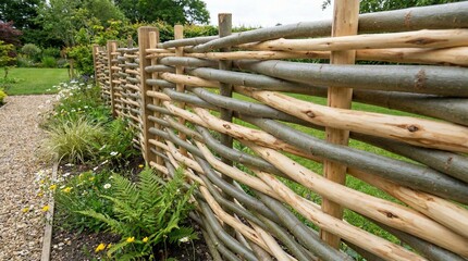 Rustic wooden fence made with woven branches in garden landscape  