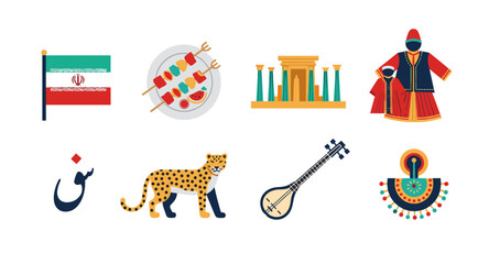 Collection of Iranian cultural symbols and landmarks in flat design style