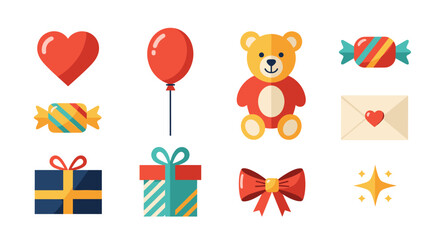 Collection of colorful flat design icons for celebration and gifts